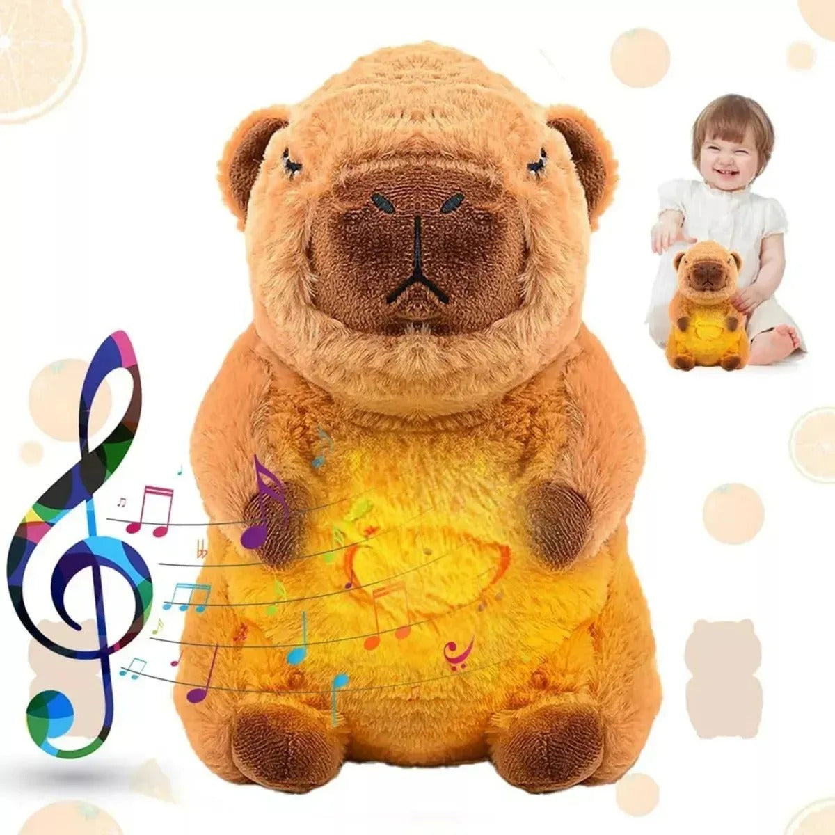 Peluche capybara interactivo con efecto de respiración, luz en el vientre y música relajante, disponible en color rosado y café.
