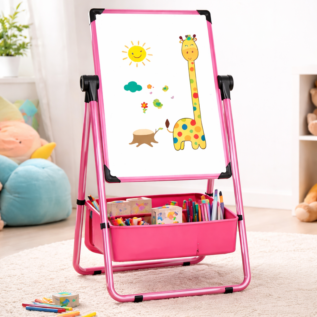 Pizarra doble cara con atril infantil color rosa 52x47 cm