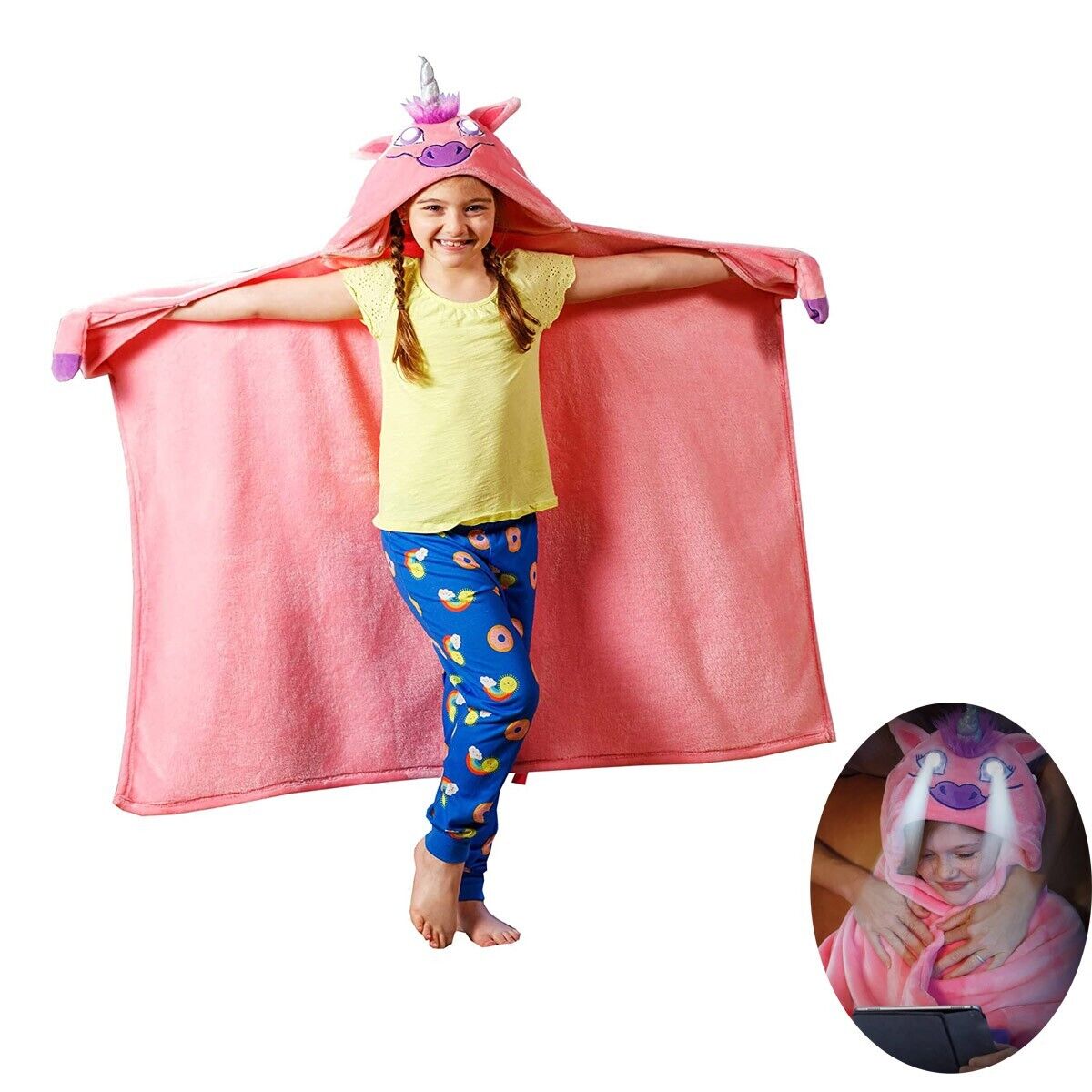 Manta Infantil de Polar con Capucha y Ojos Luminosos LED 2 en 1