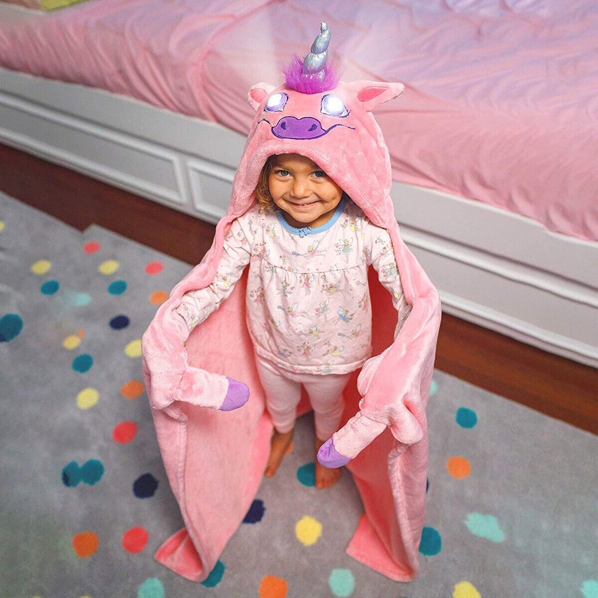 Manta Infantil de Polar con Capucha y Ojos Luminosos LED 2 en 1