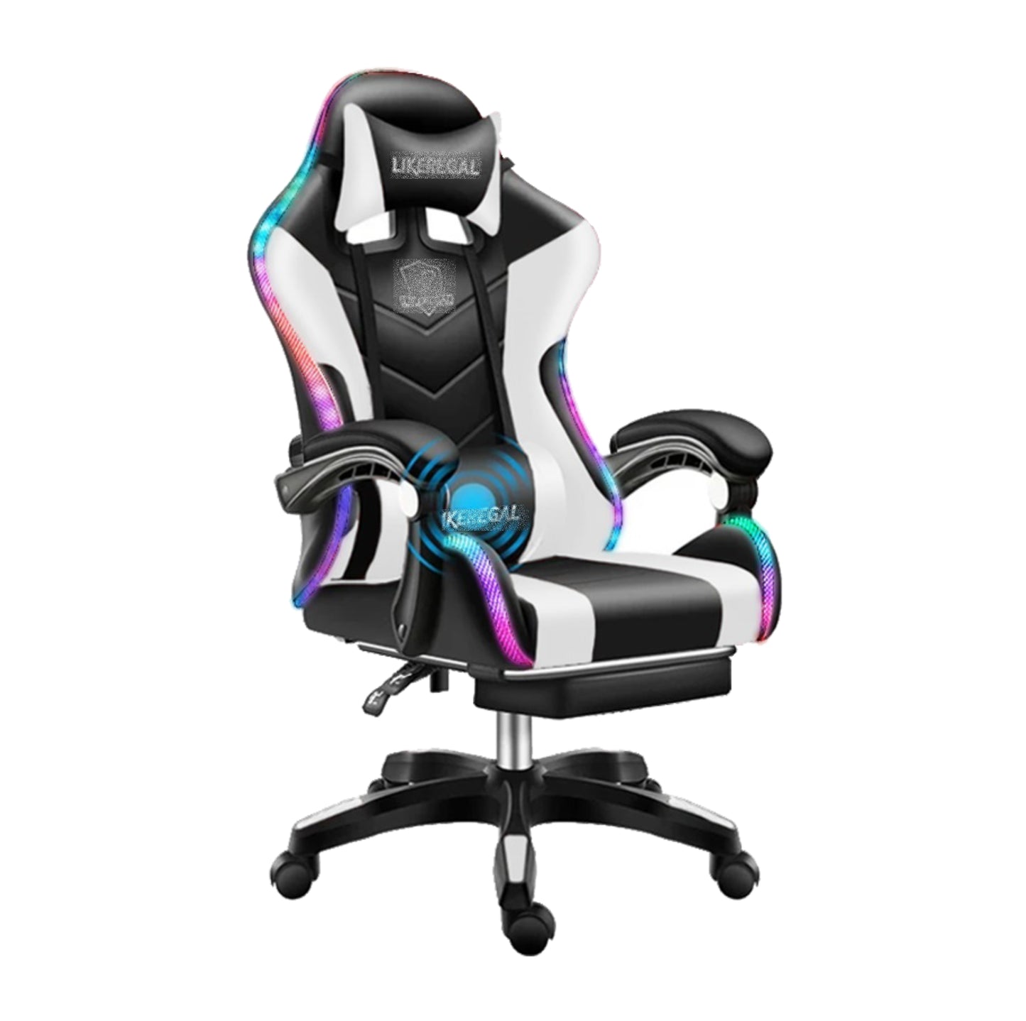 Silla Gamer RGB con Parlantes, Reposapiés y Masajeador Lumbar en Cuero Sintético