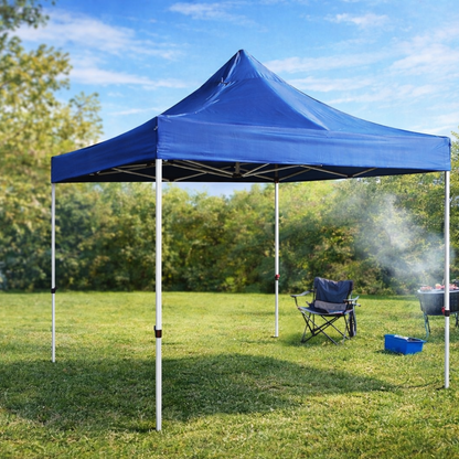 Toldo americano plegable 3x3 azul impermeable con estructura metálica resistente, ideal para ferias, eventos, patio, camping y protección contra sol y lluvia.