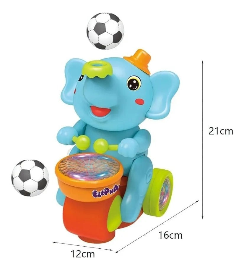 Juguete elefante interactivo con tambor luminoso y efectos sonoros, diseño colorido con movimiento automático para niños.