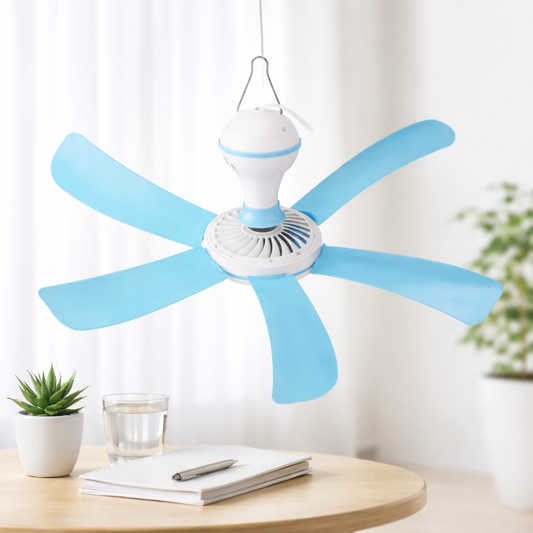 Ventilador de 5 aspas colgante para techo de 17x29 cm, color blanco y azul, diseño compacto y ligero ideal para refrescar dormitorios, oficinas y espacios interiores con bajo consumo eléctrico y funcionamiento silencioso.